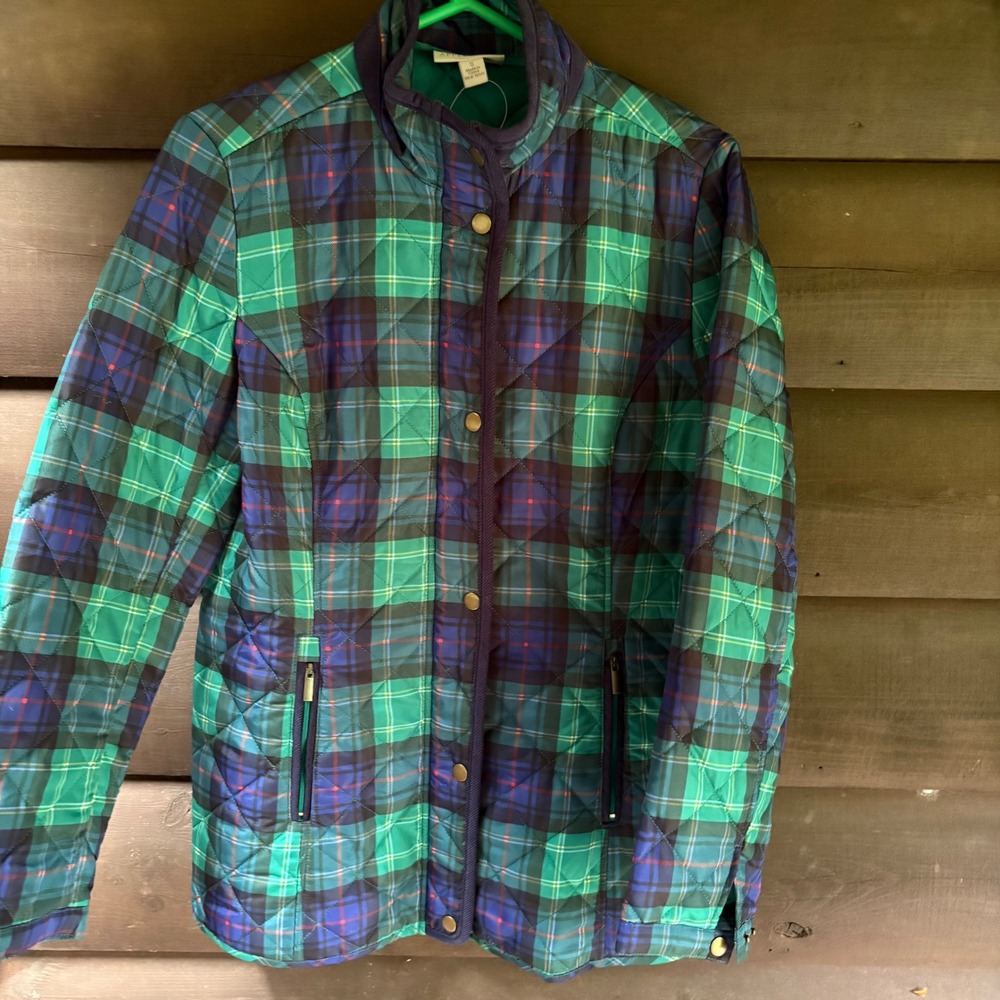 Appleseeds Womens Green Blue Plaid Quilted Barn Jacket Snap Front Size Small